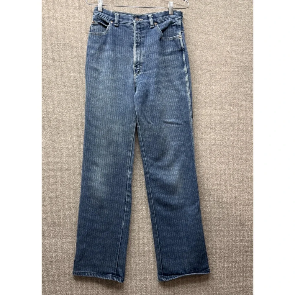 1980s Jeans Womens 26 Blue High Rise Straight Leg Pinstripe Denim Retro